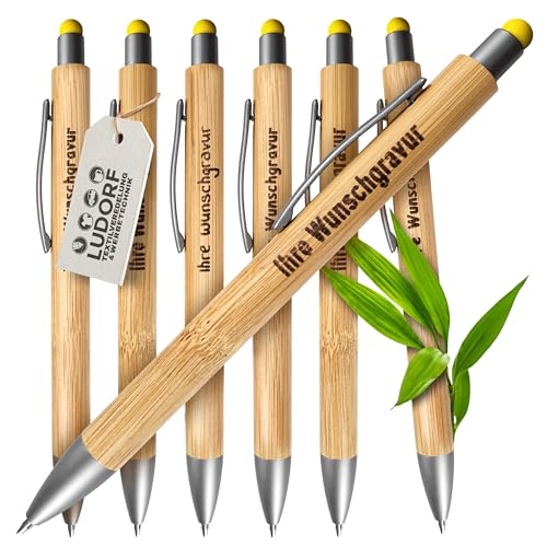 #teamludorf - 50x Bambus Kugelschreiber mit Touchfunktion mit Lasergravur, Umweltfreundlich, Blaue Mine - Ideal für Werbegeschenke Personalisierbar, Farbe: Gelb von #teamludorf