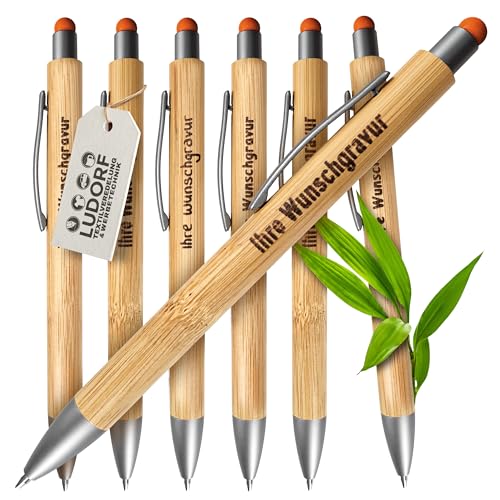 #teamludorf - 50x Bambus Kugelschreiber mit Touchfunktion mit Lasergravur, Umweltfreundlich, Blaue Mine - Ideal für Werbegeschenke Personalisierbar, Farbe: Orange von #teamludorf