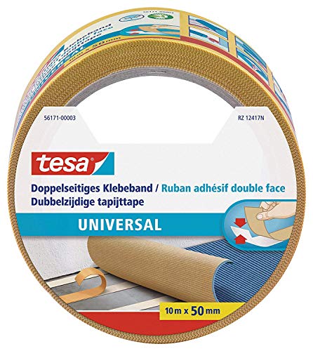 tesa Doppelseitiges Klebeband Universal - Vielseitiges Klebeband für Verpackungen, Deko und Teppiche oder zum Basteln - 10 m x 50 mm von tesa