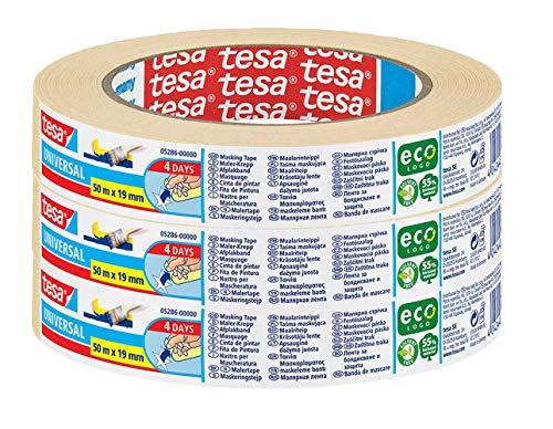 tesa Malerband UNIVERSAL - Vielseitiges Klebeband für Malerarbeiten ohne Lösungsmittel - Bis zu 4 Tage nach Gebrauch rückstandslos entfernbar - schmal (3 Rollen / 50m x 19mm) von tesa