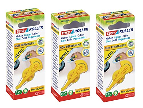 tesa Nachfüllpackung für Kleberoller Nicht-permanent 8,4 mm x 14 m eco Logo und recycelte Verpackung (Nachfüllpackung, 3er Pack) von tesa