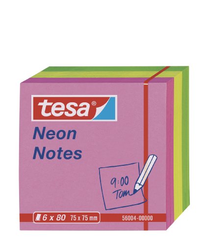 tesa Notes Haftnotizen neon, lösungsmittelfrei, stark haftend, rückstandsfrei ablösbar, 6 x 80 Blatt, grün/gelb/pink, 75 mm x 75 mm von tesa