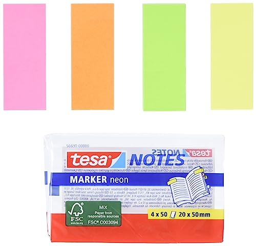 tesa Notes Haftnotizen neonfarben, einfach anzubringen - rückstandsfrei entfernbar, 4x50 Blatt, 20mm x 50mm von tesa