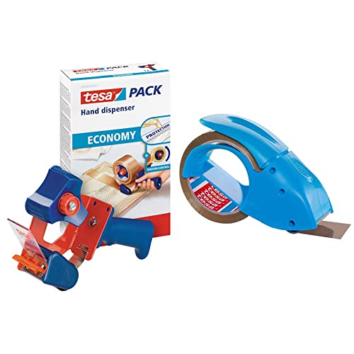 tesa Packband Handabroller ECONOMY - robuster Abroller für Paketbänder - Für Klebebänder mit bis zu 50 cm Breite & pack Abroller Pack' n' Go - blauer Handabroller für Paketbänder 50 m x 48 mm von tesa