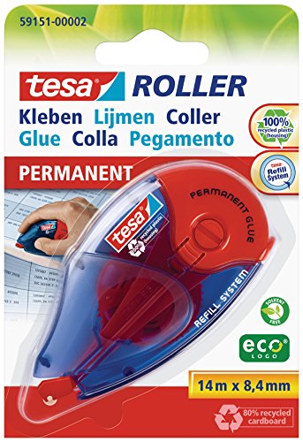 tesa Roller Kleben Permanent ecoLogo - Nachfüllbarer Kleberoller mit reißfestem Band & doppelseitigem Klebefilm - lösungsmittelfrei - 14 m x 8,4 mm von tesa