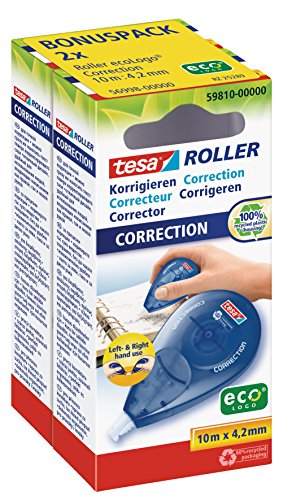 tesa Roller Korrigieren eco Logo nachfüllbar, lösungsmittelfrei, umweltfreundlich, automatische Bandstraffung, für Rechts- - Linkshänder, 10m x 4,2mm von tesa