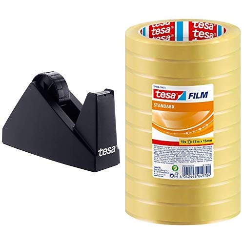 tesa Tischabroller Economy, Schwarz, für große Rollen, 10 Rollen Tesa Klebeband, 66m x 15mm, PP-Folie, lösungsmittelfrei, Manuell, Kunststoff, Tape Dispenser von tesa