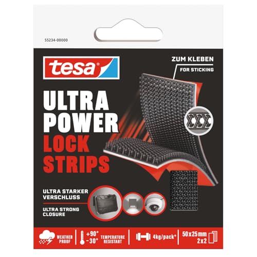 tesa Ultra Power Lock Strips - selbstklebende Klettband-Streifen mit extrem starkem Klettverschluss - wetterfest, UV- und temperaturbeständig - Klebeband für innen- und außen - 4 Stück - 50 x 25 mm von tesa