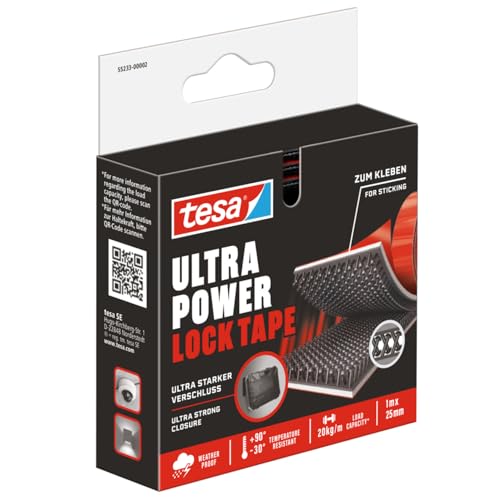 tesa Ultra Power Lock Tape - selbstklebendes Klettband mit extrem starkem Klettverschluss - wetterfest, UV- und temperaturbeständig - Klebeband für innen und außen - 1 Rolle - 10 m x 25 mm von tesa