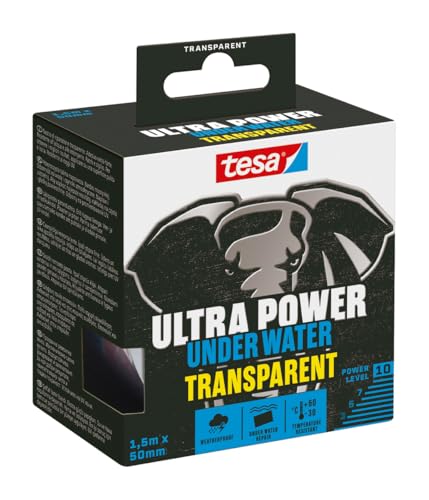 tesa Ultra Power Under Water Transparent - wasserfestes Klebeband - Abdichtungsband für Pool, Zelt und Dachrinne - starke Klebeleistung für Reparaturen sogar unter Wasser - 1 x Rolle - 1,5 m x 50 mm von tesa