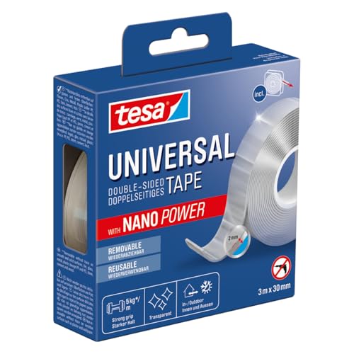 tesa Universal Nano Tape - transparentes, doppelseitiges Klebeband - leicht wiederablösbar und wiederverwendbar - wetterfest, für In- und Outdoor - 1 Rolle - 3 m x 30 mm von tesa