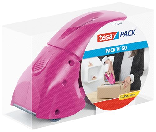 tesa tesapack Abroller Pack' n' Go - Ergonomischer, pinker Handabroller für Paketbänder - Inklusive 50 m x 48 mm Klebeband von tesa