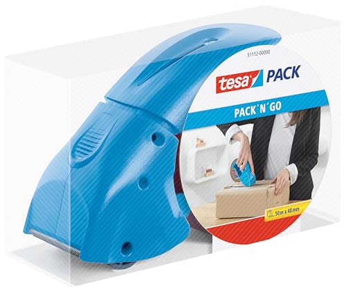 tesapack Abroller Pack' n' Go - Ergonomischer, blauer Handabroller für Paketbänder - Inklusive 50 m x 48 mm Klebeband von tesa