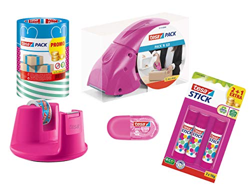 tesapack Abroller Pack' n' Go - Ergonomischer, pinker Handabroller für Paketbänder - Inklusive 50 m x 48 mm Klebeband (1 Komplett-Set) von tesa