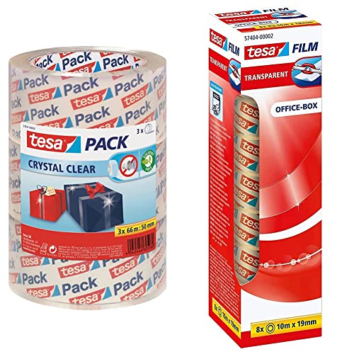 tesapack Packband "Crystal Clear", kristall-klar, 3 Rollen, 66m x 50mm & ilm transparent - Transparentes Klebeband mit starker Haftung - alterungsbeständig und reißfest - 10 m x 19 mm - 8er Pack von tesa