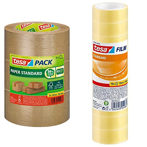 tesapack Papier Standard - Umweltschonendes Paketband-Braun & film standard - Transparentes Multifunktions-Klebeband für Heim- Schul- und Büroanwendungen - 10 m x 15 mm - 10er Pack von tesa