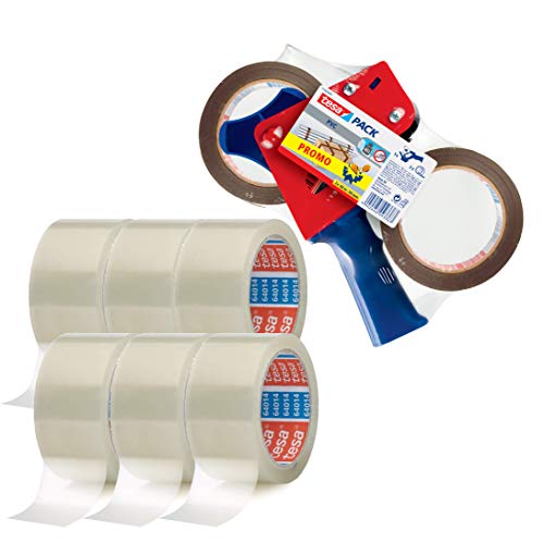 tesapack Ultra Strong und Handabroller im Set mit 2 besonders reißfesten PVC-Klebebändern Braun 66 m x 50 mm (1 Abroller + 6 Rollen extra, transparent) von tesa