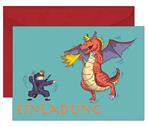 the lazy panda card company Set: 15 Einladungskarten Kindergeburtstag: Ninja und Drache Geburtstagseinladungen Einladungen Geburtstag Kinder Jungen Mädchen (Mit recycelten roten Umschlägen) von the lazy panda card company