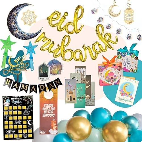 Ramadan-Dekorationen und Eid-Dekorationen, 2-in-1-Set – Kinderfreundliche Dekoration und Aktivitäten – Ramadan-Mubarak, Ramadan-Lichter, Eid-Banner, Eid-Ballons, Aufkleber, Eid-Geldumschläge und mehr! von the louna sisters