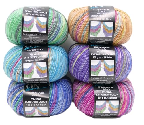 Online Supersocke Merino Extrafein Color, Sockenwolle Paket 367, 6x100g Sockengarn 4-fädig mit Merinowolle, Strumpfwolle 4-fach mit Farbverlauf von theofeel