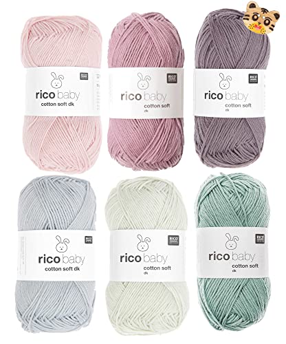 Woll-Set Babywolle Paket Rico Baby Cotton Soft dk 6x50g #46, Baumwollmischgarn | 50% Baumwolle, 50% Polyacryl | weiche Wolle zum Stricken und Häkeln mit Tierknopf von theofeel