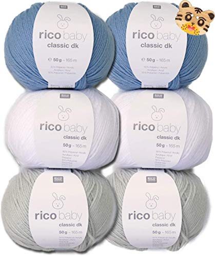 Woll-Set Babywolle Rico Baby Classic 6x50g #20, weiche Wolle Strickpackung, Häkelpackung mit 1 Tigerknopf, zum Stricken und Häkeln von theofeel