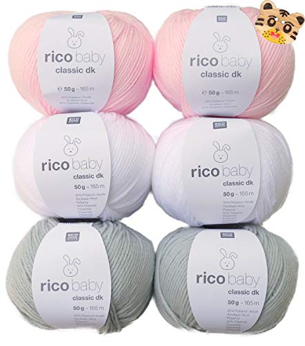 Woll-Set Babywolle Rico Baby Classic 6x50g #21, weiche Wolle zum Stricken und Häkeln, Strickpackung, Häkelpackung mit 1 Tierknopf von theofeel