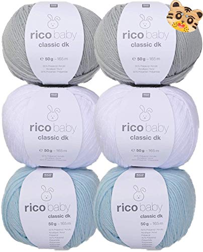 Woll-Set Babywolle Rico Baby Classic 6x50g #24, weiche Wolle Strickpackung, Häkelpackung mit 1 Tierknopf, zum Stricken und Häkeln von theofeel