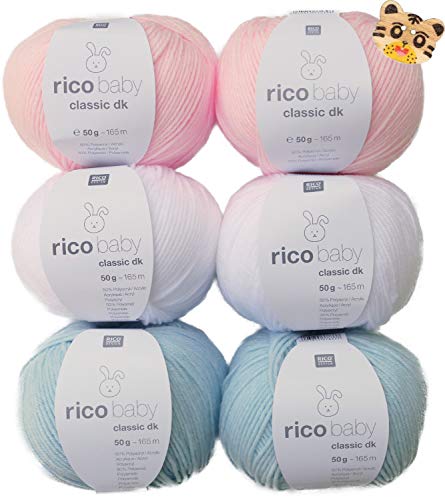 Woll-Set Babywolle Rico Baby Classic 6x50g #25, weiche Wolle Strickpackung, Häkelpackung mit 1 Tierknopf, zum Stricken und Häkeln von theofeel