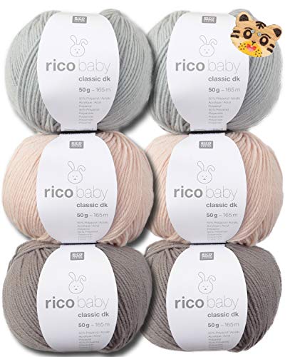 Woll-Set Babywolle Rico Baby Classic 6x50g #5, Strickpaket, Häkelpaket mit Tierknopf, weiche Wolle zum Stricken und Häkeln von theofeel