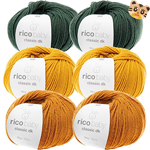 Woll-Set Babywolle Rico Baby Classic 6x50g #69 Herbsttöne, Strickpackung, Häkelpackung mit 1 Tigerknopf, weiche Wolle zum Stricken und Häkeln von theofeel