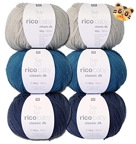 Woll-Set Babywolle Rico Baby Classic 6x50g weiche Wolle zum Stricken und Häkeln + 1 Tigerknopf (# 43) von theofeel