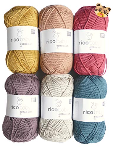 Woll-Set Babywolle Rico Baby Cotton Soft dk 6x50g #64, Baumwollmischgarn und Holzknopf Tiger, weiche Wolle zum Stricken und Häkeln von theofeel