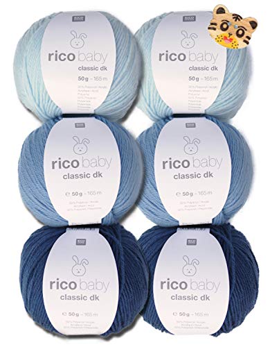 Woll-Set Rico Baby Classic 6x50g #6, weiche Babywolle zum Stricken und Häkeln mit Tigerknopf von theofeel