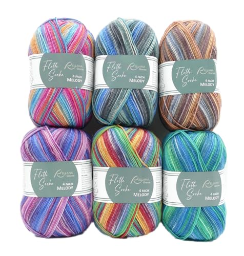 theofeel Sockenwolle Paket | Rellana Flotte Socke Melody, Strumpfwolle 4-fädig, Sockengarn mit Farbverlauf regenbogen pastell bunt, trocknergeeignet von theofeel