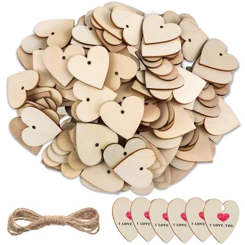 Holzherzen Scheiben, 100 Stück 40mm Holzherzen Hochzeit, 2,5 mm Dick, Mit Löchern Holzanhänger Herz, Mit 10m Juteschnur, Deko Garten Für Tischdekoration DIY Handwerk Ornament von thirei