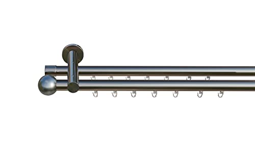 tilldekor Innenlauf Gardinenstange nach Maß, Formentor 2-läufig Edelstahl-Optik, 16mm Durchmesser, auf Maß gefertigt, 140 cm, inkl. Trägern und Endstücken von tilldekor