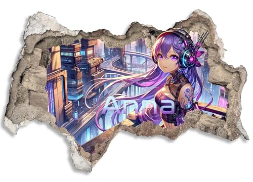 3D Wandtattoo Kinder personalisiert mit Namen | selbstklebend Wanddurchbruch | Loch in der Wand Mauerloch | Wandaufkleber Kinderzimmer Bilder | 120x80cm Anime Mädchen, Gamer Motiv von timalo