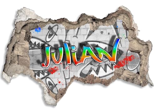 3D Wandtattoo Kinder personalisiert mit Namen | selbstklebend Wanddurchbruch | Loch in der Wand Mauerloch | Wandaufkleber Kinderzimmer Bilder | 120x80cm Graffiti Schrift bunt von timalo