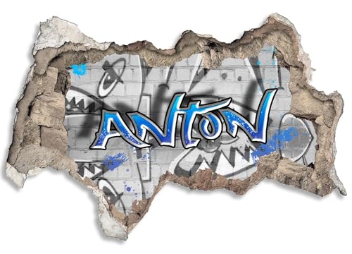 3D Wandtattoo Kinder personalisiert mit Namen | selbstklebend Wanddurchbruch | Loch in der Wand Mauerloch | Wandaufkleber Kinderzimmer Bilder | 90x60cm Blaue Graffiti Schrift, Jungen von timalo