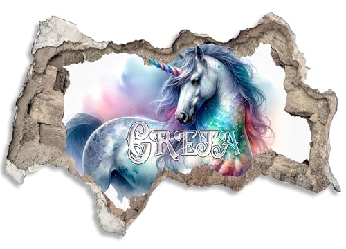 3D Wandtattoo Kinder personalisiert mit Namen | selbstklebend Wanddurchbruch | Loch in der Wand Mauerloch | Wandaufkleber Kinderzimmer Bilder | 90x60cm Schillerndes Einhorn von timalo