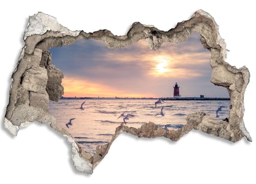 3D Wandtattoo selbstklebend Wanddurchbruch | Loch in der Wand Mauerloch | Wetterfeste Wandsticker Gross Innen und Outdoor | 120x80cm Nordsee Meer Leuchturm von timalo