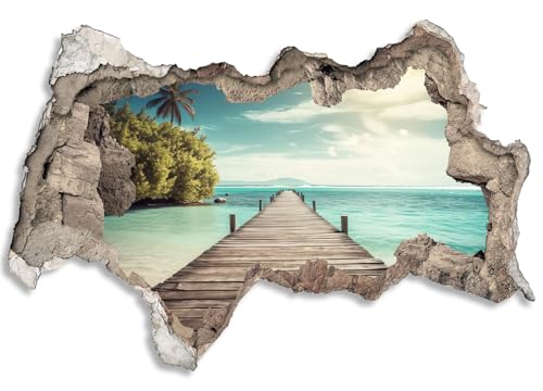 3D Wandtattoo selbstklebend Wanddurchbruch | Loch in der Wand Mauerloch | Wetterfeste Wandsticker Gross Innen und Outdoor | 60x40cm Strand Karibik Meer Steg von timalo