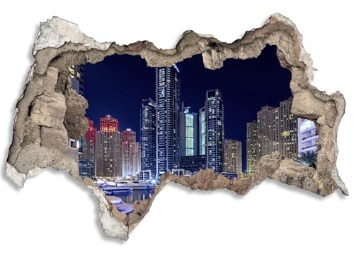 3D Wandtattoo selbstklebend Wanddurchbruch | Loch in der Wand Mauerloch | Wetterfeste Wandsticker Gross Innen und Outdoor | 90x60cm Stadt Hafen Nacht Dubai von timalo