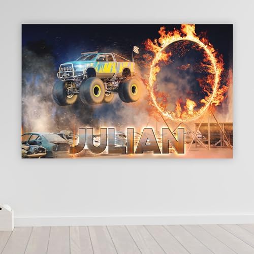 timalo® Cooles Monstertruck Poster personalisiert mit Namen | Bild für die Wand | Wandbild für Kinder Jungen mit Feuer Auto Kinderzimmer Deko | child008-B42xH30cm von timalo