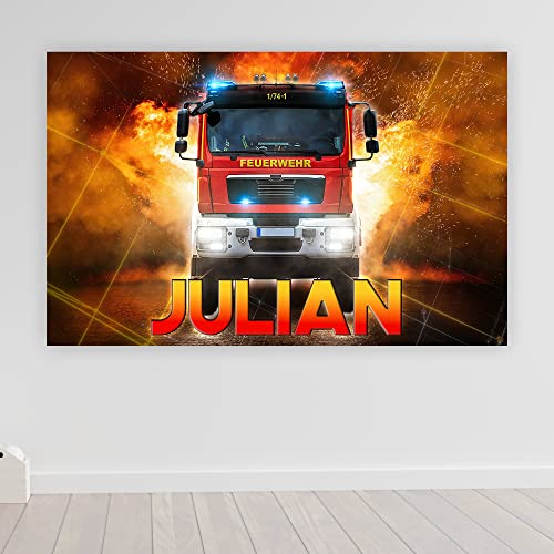 timalo® Cooles Poster mit Namen Feuerwehr Bild für die Wand | Wandbild für Kinder Jungen mit Feuerwehrauto Kinderzimmer Deko personalisiert | child003-B120xH61cm von timalo