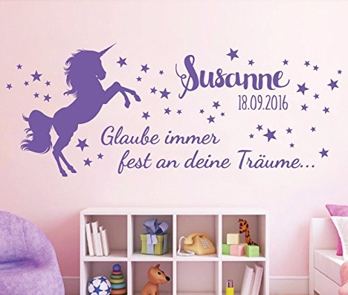 tjapalo® 140x55cm TopXl pkm206 Wandtattoo Kinderzimmer Baby Geburt Wandtattoo Mädchen Pferd Sterne glaub immer an deine Träume Mädchenzimmer Aufkleber Datum Name Wunschname von tjapalo