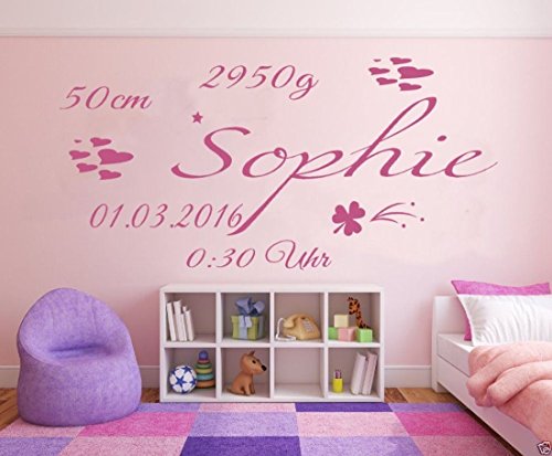 tjapalo® Wandtattoo Kinderzimmer Baby Geburt Wandtattoo Mädchen Geburtsdaten Datum Name Wunschname a-pk63 (B100 x H58 cm) von tjapalo