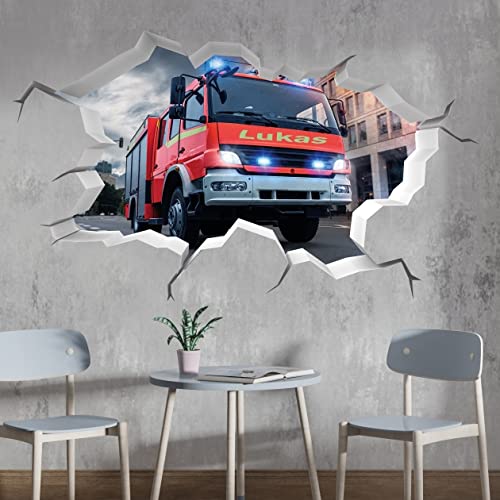 tjapalo® p62 3D Wandtattoo mit Namen Wandtattoo Feuerwehr Auto Wandaufkleber Wandtattoo Kinderzimmer junge Wandsticker Feuerwehr Kinder, Größe: B50xH29cm von tjapalo