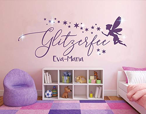 tjapalo® pkm457 wandtattoo Mädchen Zimmer Wandsticker Mädchen Name Wandaufkleber Mädchenzimmer Wandtattoo Fee mit Namen und Kristallen, Farbe: flieder, Größe: B80xH38cm von tjapalo